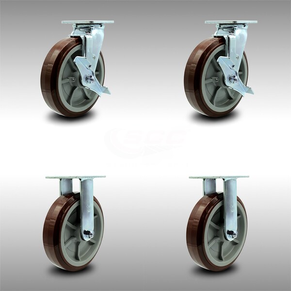 Service Caster 8 Inch SS Polyurethane Caster Set with Ball Bearings 2 Brakes 2 Rigid SCC SCC-SS30S820-PPUB-TLB-2-R-2 - main